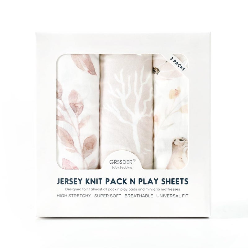 GRSSDER Stretchy Ultra Soft Jersey Knit Fitted Pack n Play Sheets 3 Pack, Portable/Mini Crib Sheets for Girls, Universal Fit for Pack N Plays Safe and Snug, Beautiful Blush Pink Floral and Cute Animals Print - Image 3